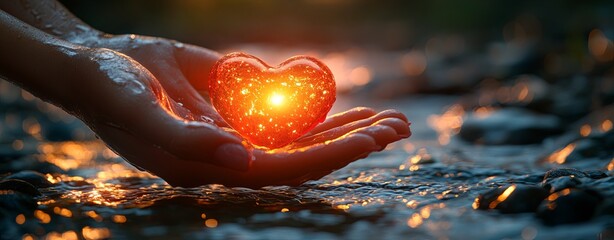 Poster - Glowing Heart in Hands Over Water at Sunset