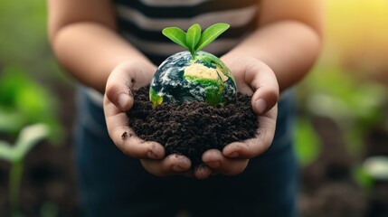 A person is holding a small plant in their hand, with the plant being a representation of the Earth. Concept of responsibility and care for the environment, as the person is nurturing the plant