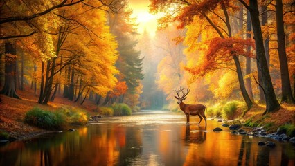 autumn forest landscape with deer near river