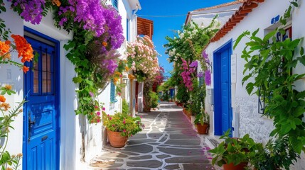 Wall Mural - Beautiful colorful flower street with white houses and blue doors in a European city. Greece, floral for background.