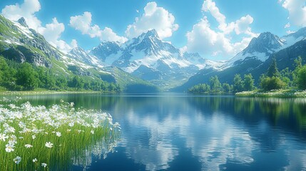 Canvas Print - Serene Mountain Lake with Lush Greenery and Clouds