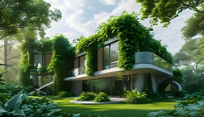 Wall Mural - Harmonious blend of nature and modern architecture in an eco-friendly building embraced by vibrant greenery in a tranquil setting