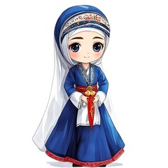 Canvas Print - Cute Anime Girl in Traditional Korean Hanbok Dress.