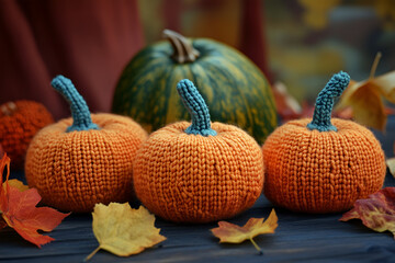 Knitted orange pumpkins and black bats on an orange background, autumn composition, front view. Halloween concept