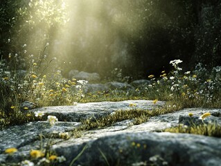 Sticker - Sunbeams Through Wildflowers in a Lush Forest Meadow