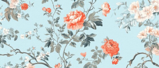 Sticker - Elegant Floral Wallpaper with Peach Roses and Delicate Branches