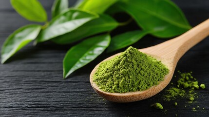 Green Matcha Powder with Fresh Tea Leaves on Table