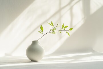 A minimalist, clean composition of a small green branch placed in a modern matte vase