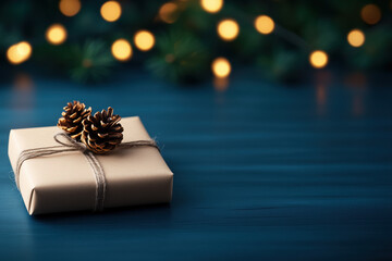 Christmas gift wrapped with pinecones and twine on a dark blue surface, with blurred holiday lights in the background, evoking festive warmth.