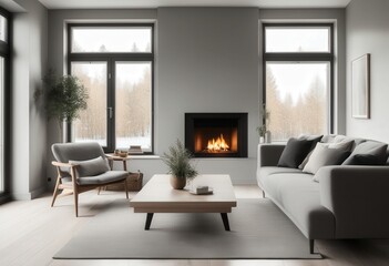 Grey sofa near window against fireplace. Scandinavian home interior design of modern living room 300dpi