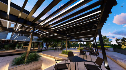 Modern design of a canopy with built-in linear lighting and a minimalist wooden terrace with tables and chairs. Design and interior concept.