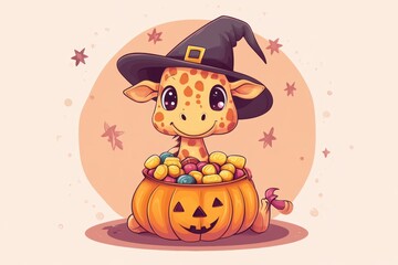 Wall Mural - adorable giraffe cartoon with pumpkin basket and candies, wearing witch hat halloween banner concept illustration