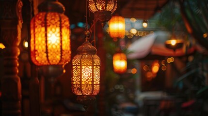 Wall Mural - Intricate lanterns casting warm light in a dim room.