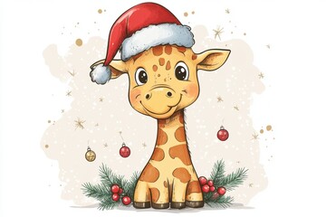 adorable cartoon giraffe with santa hat and festive decorations, perfect for holiday illustrations and banners