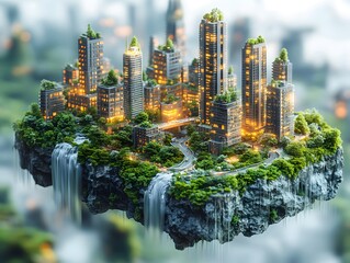 Futuristic Cityscape with Greenery on Floating Island