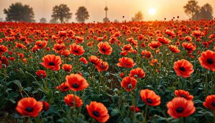 Poster - Champ de coquelicots au lever du soleil