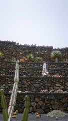 Sticker - Woman walking in the cactus garden of lanzarote, canary islands, showcasing stone terraces, exotic plants, and a clear sky.