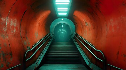 Wall Mural - Futuristic Tunnel Staircase with Red Walls and Steel Handrails