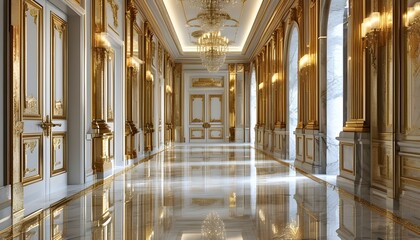 Wall Mural - Opulent hallway featuring golden accents, elegant doors, and a gleaming marble floor that reflects grandeur