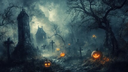 Haunting Halloween Graveyard Landscape with Pumpkins and Spooky Atmosphere