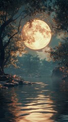 Poster - Full Moon Over River: A Serene Night Landscape