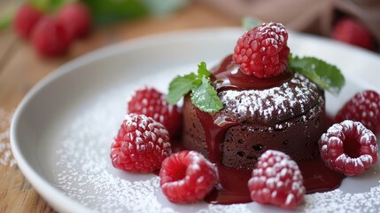 Moist chocolate lava cakes with raspberry coulis