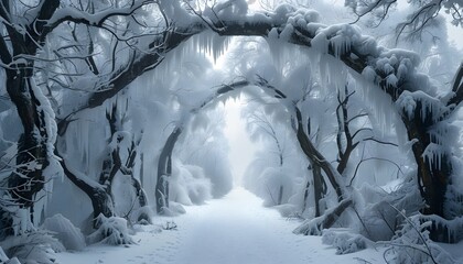 Wall Mural - Magical snow-covered archway of intertwined trees guiding into an enchanting white pathway, embodying the essence of winter wonderlands and natures artistry