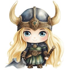 Wall Mural - Cute Watercolor Illustration of a Viking Warrior Girl.