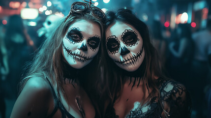 Two women with painted faces and skulls are posing for a photo