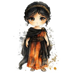 Poster - Watercolor Illustration of a Cute Cartoon Roman Girl in Traditional Clothing.