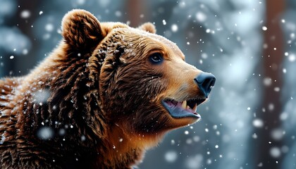 Wall Mural - Young brown bear enjoying snowfall in winter forest, capturing the essence of wildlife in a snowy wonderland