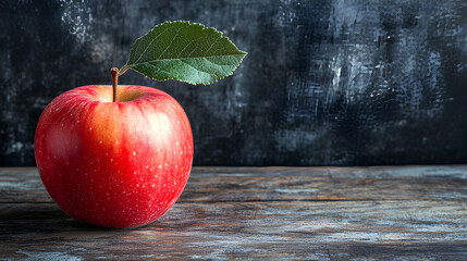 A red apple with a green leaf on top sits on a wooden table