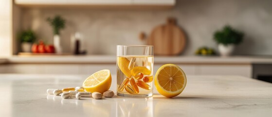 Healthy Vitamin C Supplement in Glass with Lemon Slices