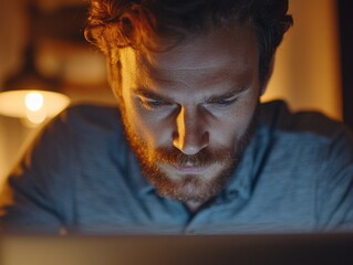 Wall Mural - Deep Focus: A Man Immersed in His Work on Laptop