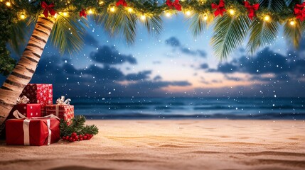 Tropical Christmas setting with a decorated palm tree wrapped in festive lights and presents on the sandy beach under a deep blue evening sky