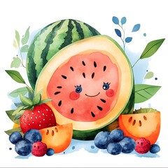 Poster - Watercolor Illustration of a Smiling Watermelon with Berries and Leaves.