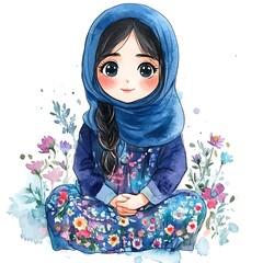 Sticker - Watercolor Illustration of a Young Woman in a Blue Headscarf and Floral Dress.