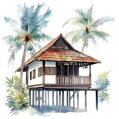 Canvas Print - Watercolor Illustration of a Tropical Stilt House with Palm Trees.