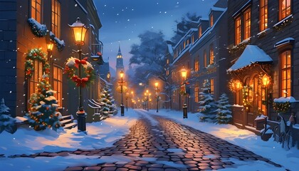 Wall Mural - Nostalgic winter evening on a snowy cobblestone street, warm street lights illuminating festively decorated buildings, perfect for holiday greeting card designs