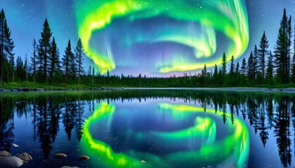 Mesmerizing northern lights dance over a serene forest lake, surrounded by towering pine trees, creating a breathtaking display of vibrant green colors.