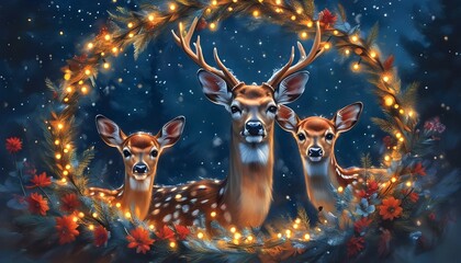 Wall Mural - Majestic deer and fawn basking in a starry night, embellished with garland lights, embodying the enchanting spirit of the winter season