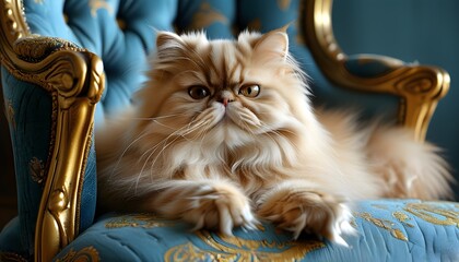 Wall Mural - Elegant Persian cat lounging on a luxurious blue and gold vintage chair in a cozy and tranquil environment