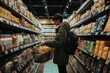 © Vooglo - A person shopping at a grocery store, holding a basket in one hand while carefully examining