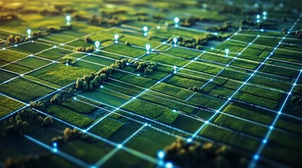 Wall Mural - A network of digital connections linking various geolocated location pins over green rice fields, creating an aerial view of the rural landscape with a background of blue sky.