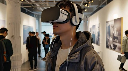 Poster - A young man wearing headphones and a virtual reality headset is immersed in a digital experience while surrounded by visitors at a contemporary art exhibit.
