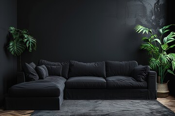 Wall Mural - Black interior modern classic. A large black sofa, a sofa in expensive fabric, a green houseplant. Black dark room