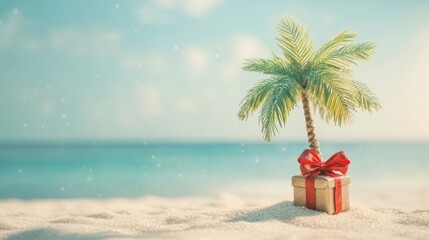 Sticker - Small tropical palm tree and a gift box on a sand beach, blurred ocean view in the background.