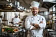 © khalid_spk - A professional chef standing proudly in a busy kitchen, arms crossed with a look of satisfaction