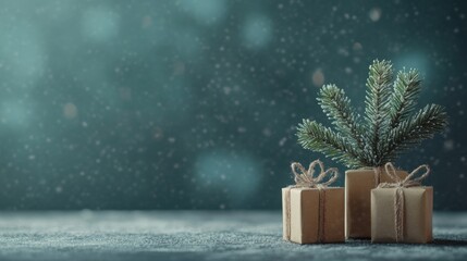 Wall Mural - small snow covered christmas tree with light soft background