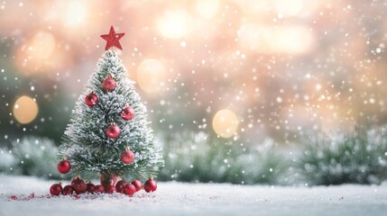 Canvas Print - Small snow covered Christmas tree with light soft background